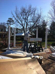 During construction: a work in progress, columns going up on the summer house. 
