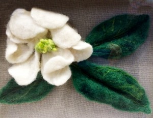 White and green wool felt magnolia flower by Gail Goodrich Harwood