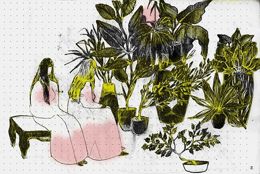 An illustration of two long haired women sitting next to each other next to many different types of green plants on white paper